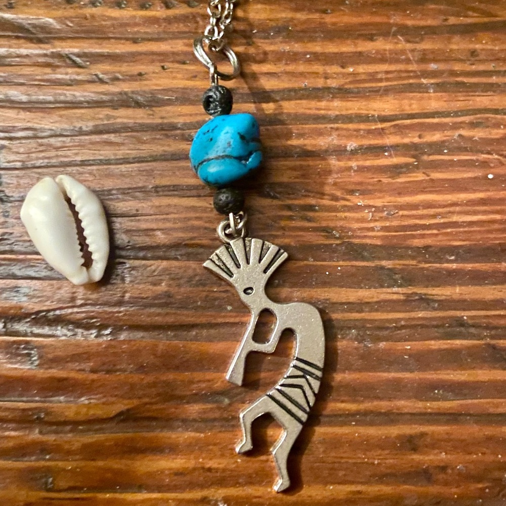 Silvertone Tribal Pendant large Kokopelli with Blue howlite nugget & lava beads
